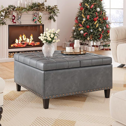 FiveWillowise Square Leather Ottoman with Storage, Faux Leather Coffee Table with Lift Top,Large Upholstered Footrest Stool Toy Box Storage Bench for Bedroom Living Room, Grey