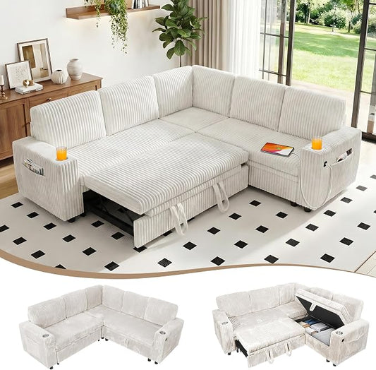 Sectional Sleeper Sofa with Pull Out Bed, Plush Corduroy 5 Seat L Shaped Couch with Storage, USB Ports, Cup Holders, Comfy Modular Sectional Couches for Living Room, Beige