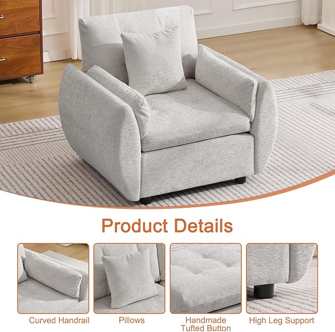 30" Single Modular Cloud Sofa Accent Chair, Deep Seat Tufted Chenille Armchair, Sectional Sofa for Living Room, Light Grey