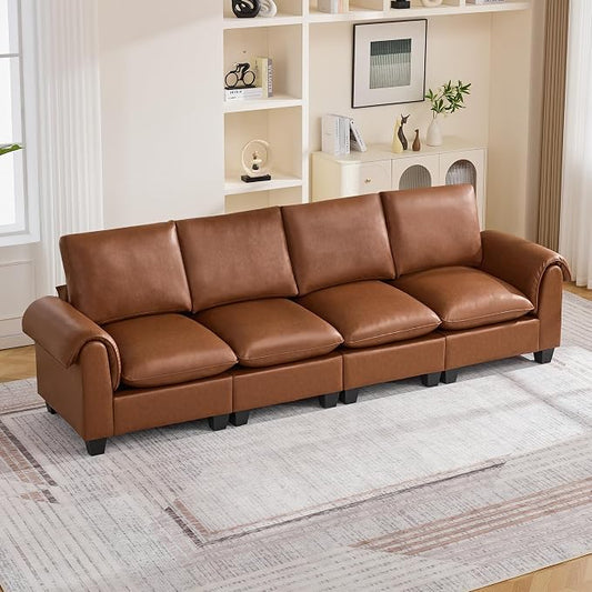 118" Faux Leather Modular Sectional Upholstered Sofa, Oversized 4 Seater Couch with Curved Armrests, Cloud Modern Upholstered Deep Seat Sofa for Living Room, Brown
