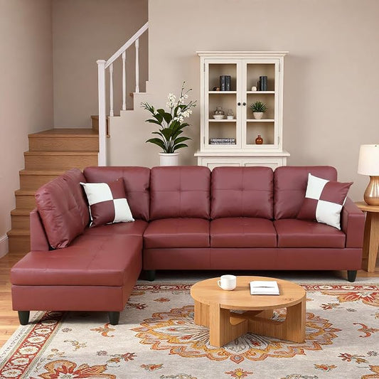 L-Shaped Sectional Sofa, Modern 4-Seat Couch with Left Facing Chaise, Leather Sectional Couch for Living Room, Apartment, Office, Dark Red