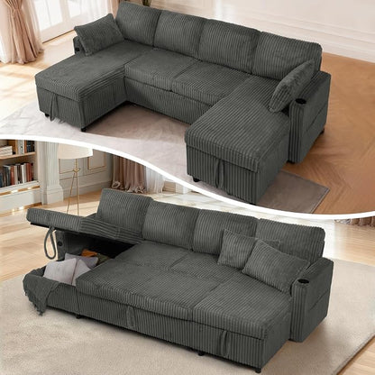 110" Corduroy U-Shape Sofa Bed with Adjustable Backrests, Upholstered Pull Out Sofa Bed with USB Ports, Convertible Sectional Sleeper Couch with Storage Chaise for Living Room, House, Grey
