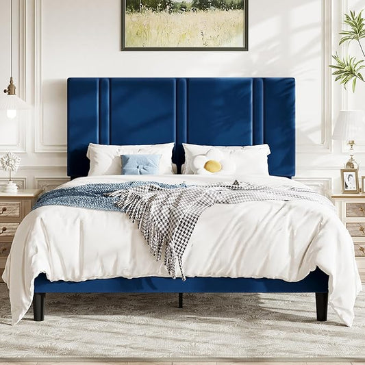 Allewie Queen Platform Bed Frame with Adjustable Headboard, Plush Velvet Upholstered, Vertical Channel Tufted, Sturdy Wooden Slats, No Box Spring Needed, Easy Assembly, Blue