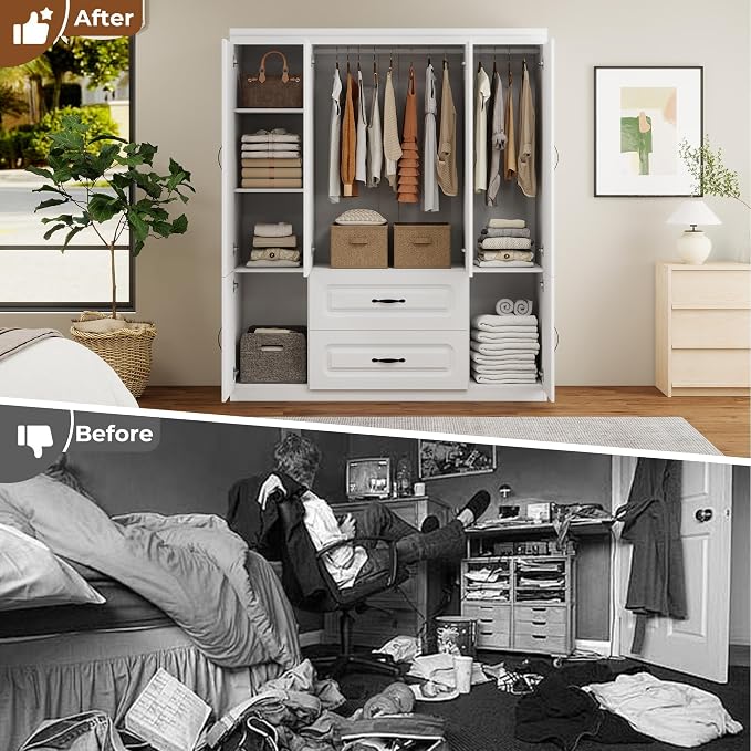 Armoire Wardrobe Closet with 2 Doors, White Cabinet with 2 Drawers and Clothes Storage Organizer, Modern Style with Hanging Rod Shleves Suitable for Bedroom(61.42" W x 20.47" D x 74" H)
