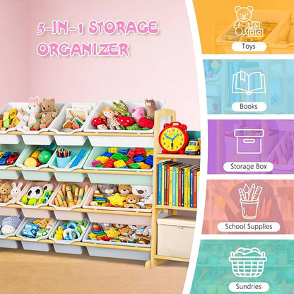 Kids Toy Storage Organizer with Bookshelf – Wooden Shelf with 16 Bins & 3 Shelves, Quick Assembly Storage Rack for Playroom, Bedroom, Nursery– Colorful