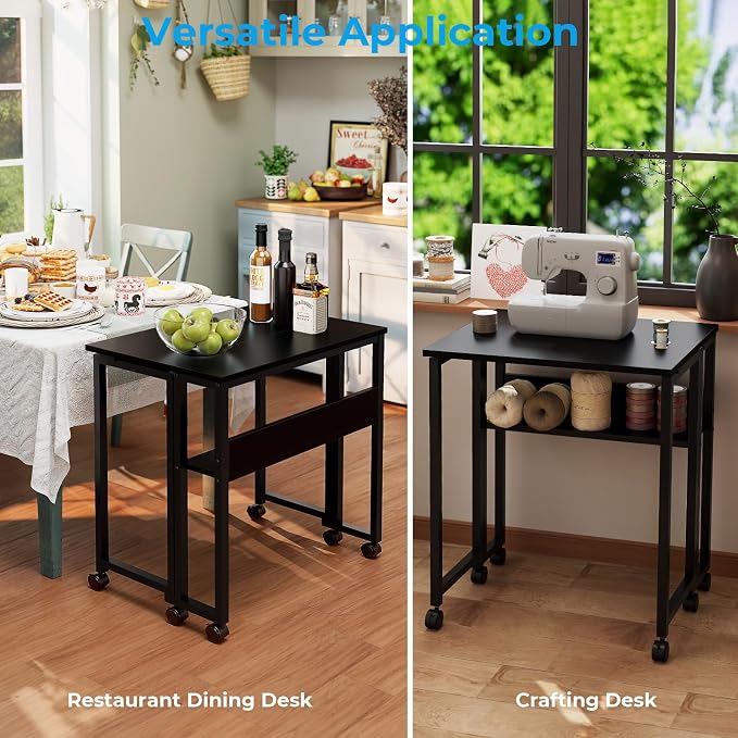 GreenForest Folding Desk with Wheels, 31.5 Inch Compact Rolling Computer Table with Storage Shelf, Portable Mobile Workstation for Small Spaces, Easy Assembly, Black