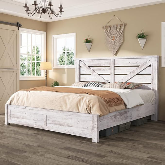 AMERLIFE King Size Bed Frame with 49.2" Barn Door Headboard and Footboard, Farmhouse Platform Bed Frame with Wood Slats, No Box Spring Needed, Under Bed Storage, Distressed White