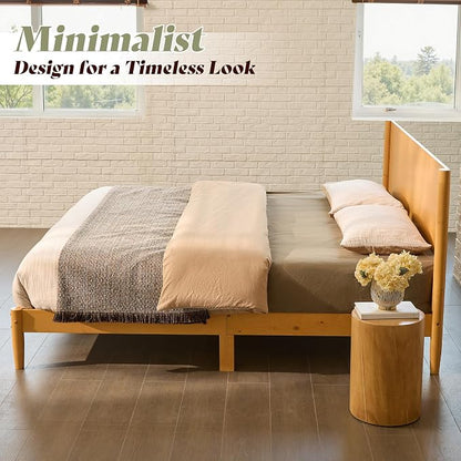 AMERLIFE Solid Wood Full Size Bed Frame, Mid Century Modern Platform Bed with Full Panel Headboard, Noise-Free & Cylindrical Legs, No Box Spring Needed, Under-Bed Storage, Natural Wood