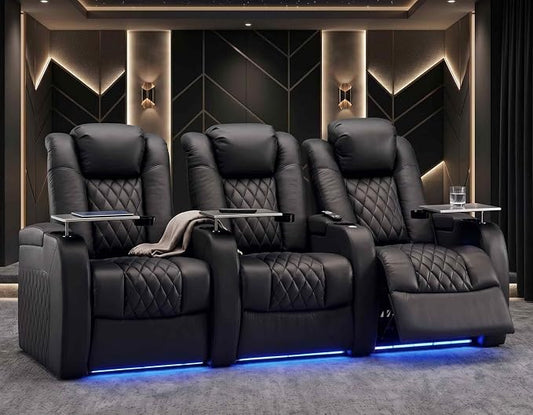 Weilianda Home Theater Seating Top Grain Leather, Zero Gravity Movie Theater Chairs Set, Power Headrest Recliner Chair Gaming Seats, 7 Colors Mood Light Sofa with Tray Table USB Charge Row of 3 Black