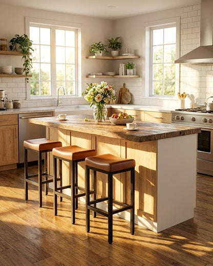 Bar Stools Set of 2-24 Inch Counter Height Chairs for Kitchen Island, Leather Seat with 400 LBS Heavy-Duty Metal Frame and Adjustable Feet, Easy to Assemble for Bar, Café or Dining Room,Brown