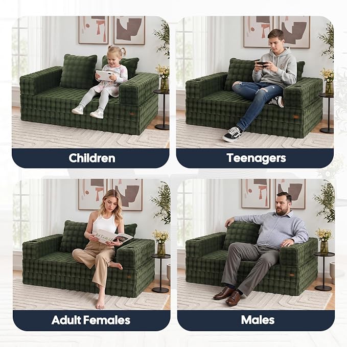 COMAX Futon Sofa Bed, Convertible Sofa Bed, Folding Boneless Couches | Boneless Couch for living room, Fold Out Small Foldable Loveseat Floor Sleeper Mattress Lounge Space‑Saving, Classic Green
