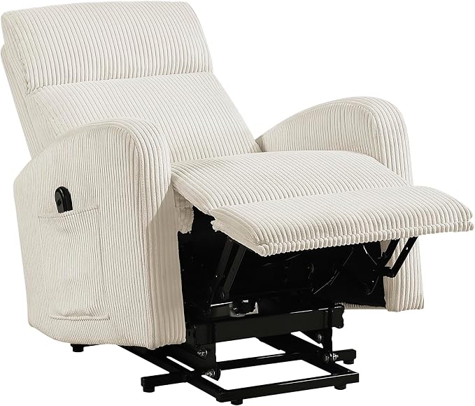 Lexicon Power Lift Recliner Chair for Elderly with Remote Control, Gentle Lift Motion, Side Pocket Armrest, Corduroy Upholstered Electric Recliner for Living Room/Bedroom, Easy Assembly, Beige