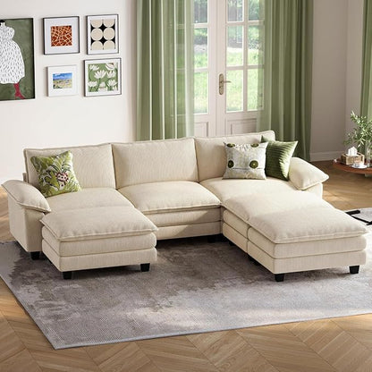 LINSY HOME 123'' Modular Sectional Sofa 3 Seat Couch Corduroy Cloud Couch with Deep Seat, Modern Cloud Couch with 3 Movable Ottoman for Living Room, Office, Bedroom, Beige