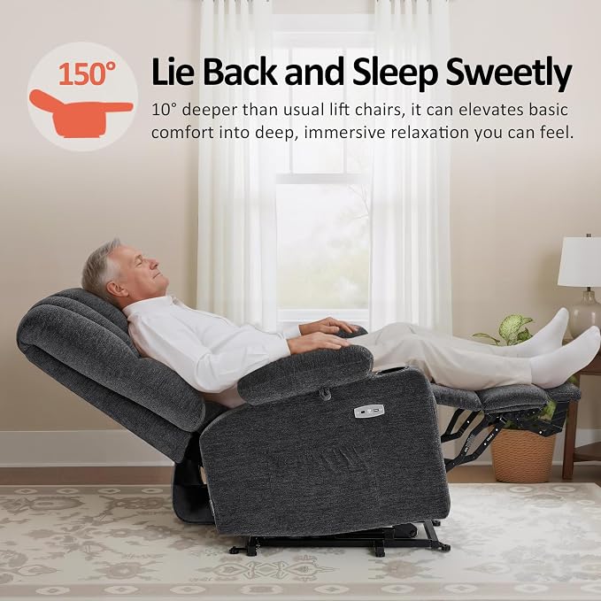 MCombo Large Power Lift Recliner Chair for Elderly, Lift Chair with Heat and Massage, 3 Positions, USB Charge Ports, Cup Holders, Fabric 7099 (Large, Dark Grey)