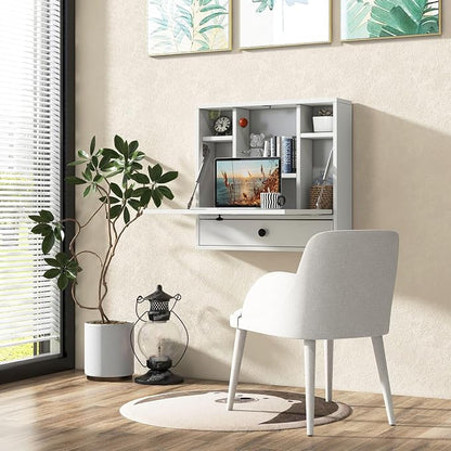 Tangkula Folding Wall Table - Floating Desk with Storage Drawer & Shelves (White)