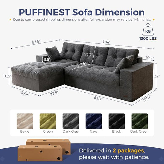 MAXYOYO 104" L Shaped Modular Sectional Sofa with Ottoman, Cloud Boneless Couch with Layered Cushion, Upholstered Sofa Flexible Module Combination for Living Room, No Assembly, Dark Grey