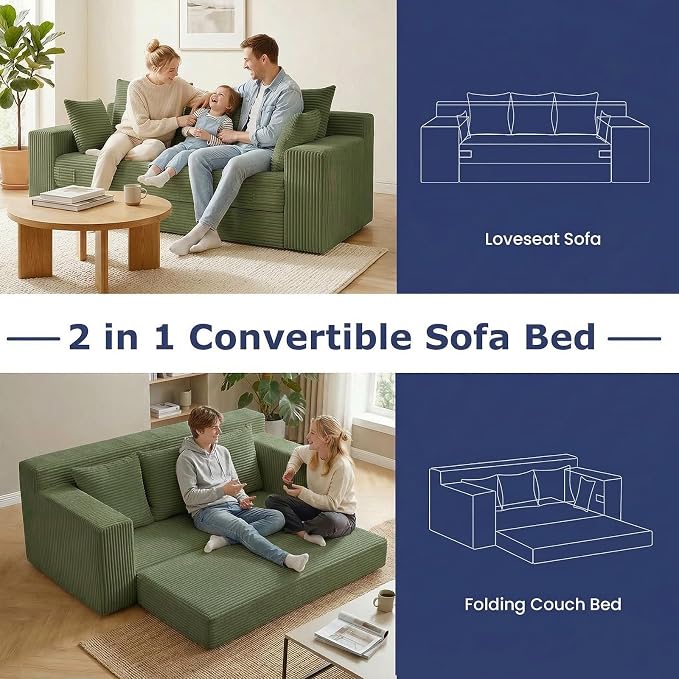 Boneless Couch for Living Room, 3 Seater Convertible Futon Sofa Bed Comfy Pull Out Couch with 5 Pillows & Detachable Washable Cover, Upholstered Floor Sofa in A Box, No Assembly Required, Green