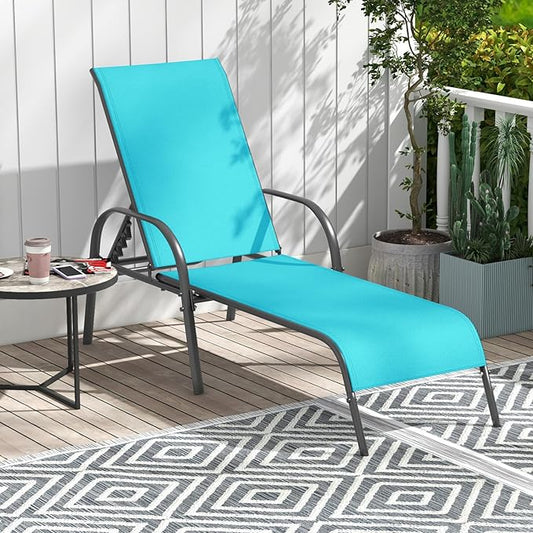 Giantex Patio Lounge Chair, Outdoor Chaise Lounge with 5 Adjustable Backrest, Sturdy Steel Frame, Sunbathing Recliner, Tanning Chair for Beach, Outside, Yard, Balcony, Pool Chairs (1,Turquoise)