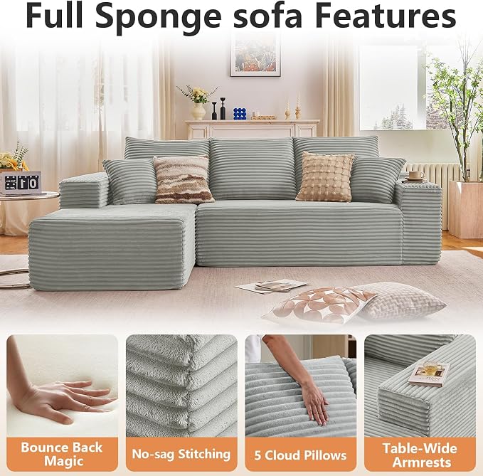 96" Modular Sectional Sofa, Modern Corduroy Cloud Couch with Deep Seat, Boneless Couch Upholstered 3-Seater L-Shaped Sofa for Living Room, No Assembly Required (Light Gray, Left-Facing Chaise)