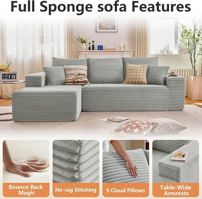 96" Modular Sectional Sofa, Modern Corduroy Cloud Couch with Deep Seat, Boneless Couch Upholstered 3-Seater L-Shaped Sofa for Living Room, No Assembly Required (Light Gray, Left-Facing Chaise)