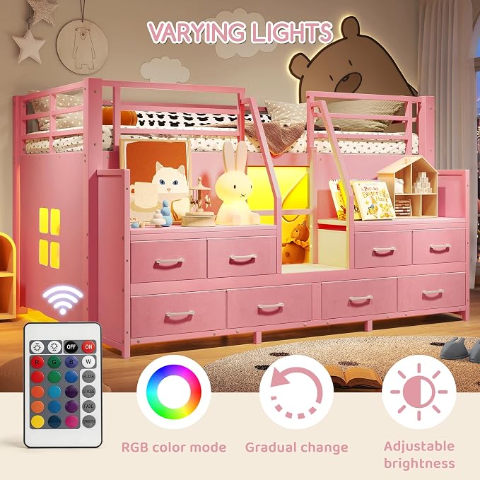 Bellemave Low Loft Bed Twin Size with Storage Shelves & Fabric Drawers, Metal Twin Loft Bed for Kids with LED Lights & Under-Bed Play Area, Low Loft Bed Frame for Bedroom, No Box Spring Needed, Pink