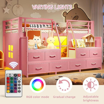 Bellemave Low Loft Bed Twin Size with Storage Shelves & Fabric Drawers, Metal Twin Loft Bed for Kids with LED Lights & Under-Bed Play Area, Low Loft Bed Frame for Bedroom, No Box Spring Needed, Pink