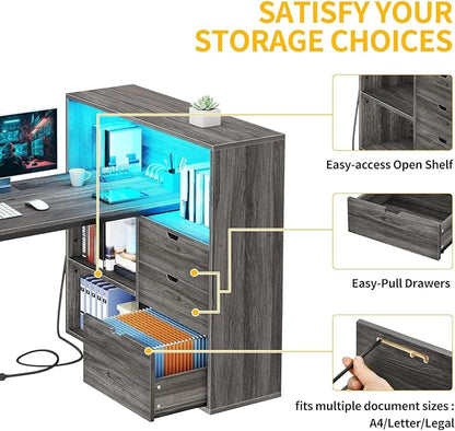 DWVO L Shaped Desk with Drawers & Power Outlets, 55" Computer Desk with Bookshelf, Corner Desk Home Office Desk with Storage Shelves & LED Lights, Grey