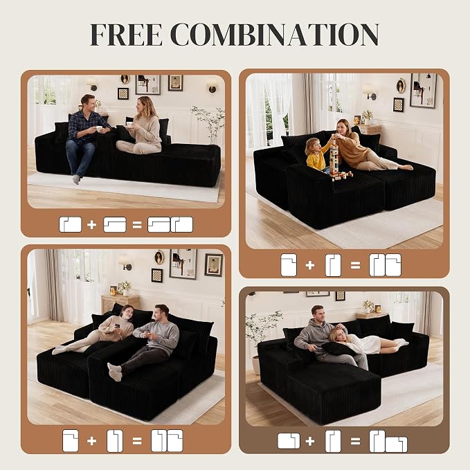 110" L Shaped Cloud Boneless Sectional Couches for Living Room, Modern Comfy Modular Deep Seat Memory Foam Compressed Corduroy Sofa Oversized Left Facing Chaise, No Assembly Required, Balck