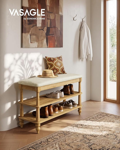 VASAGLE Mariel Collection - Shoe Bench, Wooden Entryway Bench with Padded Seat, 2-Tier Shoe Storage Rack, 31.5 x 11.6 x 19.7 inches, for Entryway and Bedroom, Natural Brown ULSB180K101S