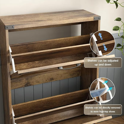 Maupvit 24" W Farmhouse Shoe Cabinet Storage for Entryway, Freestanding Organizer with 2 Flip Drawers, Narrow Shoe Rack Cabinet with Metal Corner Decoration, Rustic Brown