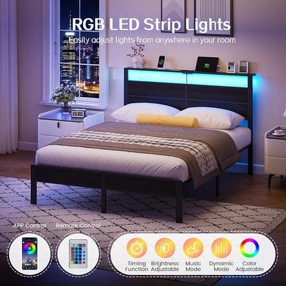 Liians Queen Size Black Metal Bed Frame with USB Type-C Charging Headboard, Smart LED Lights, Noise-Free Platform Bed, No Box Spring Needed, Easy Assembly