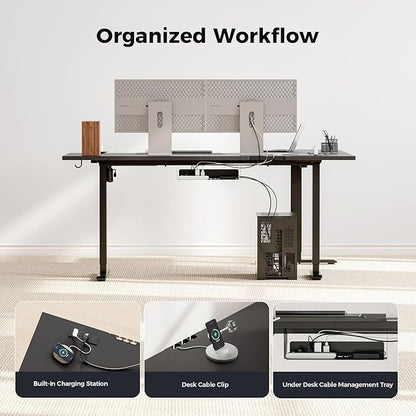 Agilestic Electric L Shaped Standing Desk 75 x 61 Inch with Power Outlet, Height Adjustable Corner Stand up Desk with Cable Management,Sit Stand Home Office Workstation with Splice Board, Black