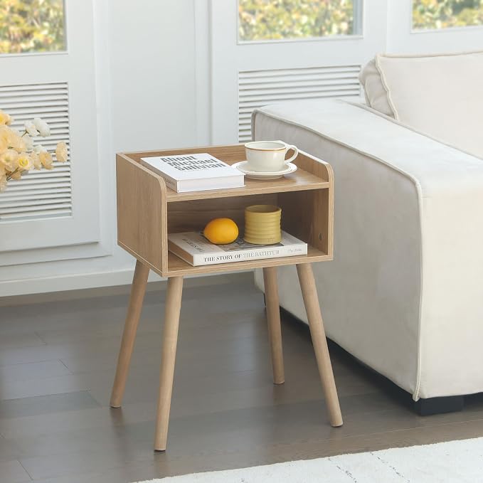 MaxSmeo End Tables Set of 2, Mid Century Modern Side Table Bedroom with Storage, Small Nightstands Set of 2 with Solid Wood Legs for Living Room, Office Small Spaces (Rustic Walnut)