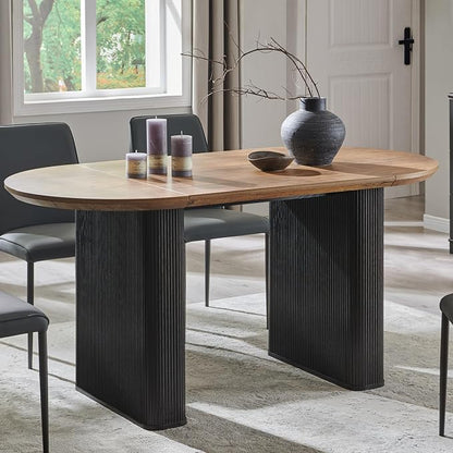 T4TREAM 63" Fluted Oval Dining Table for 4-6, Mid-Century Modern Kitchen Table with Thickened Edge & Strip Base, Wood Luxury Table for Dining Room/Kitchen/Home Office, Gold Brown&Black(Table Only)