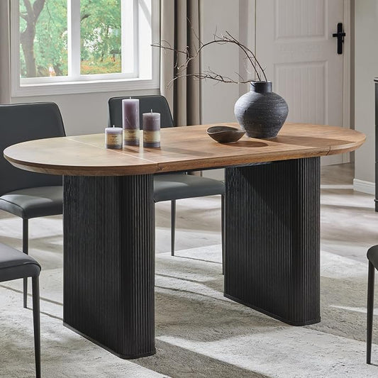 T4TREAM 63" Fluted Oval Dining Table for 4-6, Mid-Century Modern Kitchen Table with Thickened Edge & Strip Base, Wood Luxury Table for Dining Room/Kitchen/Home Office, Gold Brown&Black(Table Only)