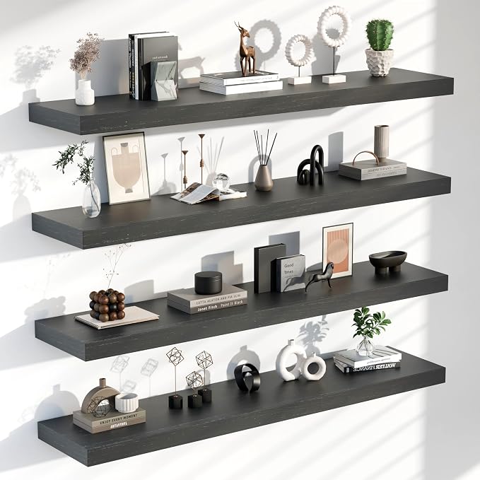 Floating Shelves for Wall, 60 Inch Extra Long Black Wall Shelves, Set of 4, Hanging Invisible Brackets Floating Shelves for Living Room,Bedroom,and Kitchen，Floating (Black, 4T60IN)