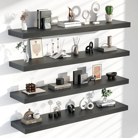 Floating Shelves for Wall, 60 Inch Extra Long Black Wall Shelves, Set of 4, Hanging Invisible Brackets Floating Shelves for Living Room,Bedroom,and Kitchen，Floating (Black, 4T60IN)