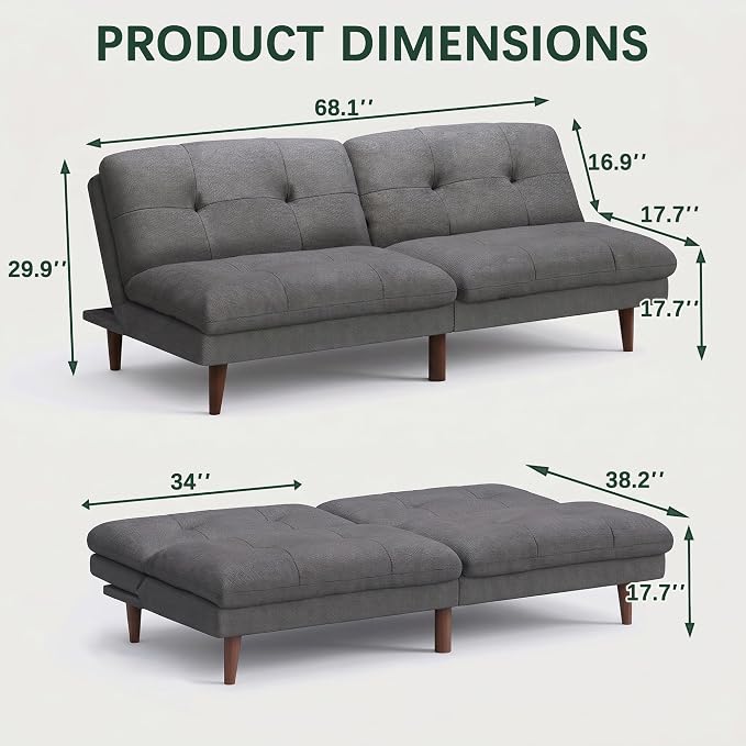 Flamaker Futon Sofa Bed Modern Folding Futon Set Convertible Recliner Lounge for Living Room with Adjustable Backrest (Linen, Grey)