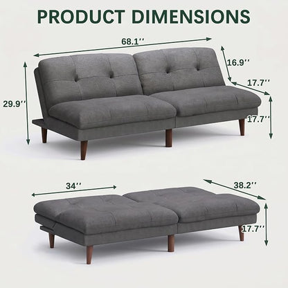 Flamaker Futon Sofa Bed Modern Folding Futon Set Convertible Recliner Lounge for Living Room with Adjustable Backrest (Linen, Grey)