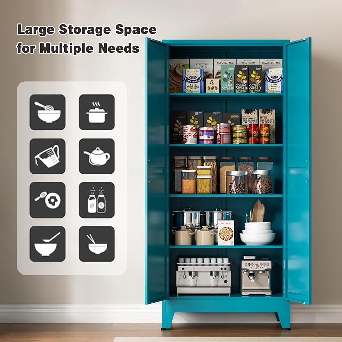 71" Tall Metal Pantry Cabinet, Kitchen Storage Cabinet with 2 Doors and 4 Adjustable Shelves for Kitchen, Living Room, Dining Room, Bathroom and Home, Office (Blue, 1PC)