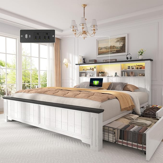 EnHomee Queen Bed Frame with Headboard, and 4 Storage Drawers, LED Lights & Charging Ports,No Box Spring Needed for Apartment,Noise-Free,Wooden, White