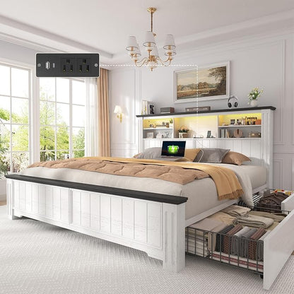 EnHomee Queen Bed Frame with Headboard, and 4 Storage Drawers, LED Lights & Charging Ports,No Box Spring Needed for Apartment,Noise-Free,Wooden, White