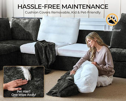 Oversized Modular Sectional Sofa with Power Recliner, Plush Cloud Couch with Headrest, Convertible Deep L-Shaped 6 Seater with Corner and Storage Ottoman, Chenille, Black