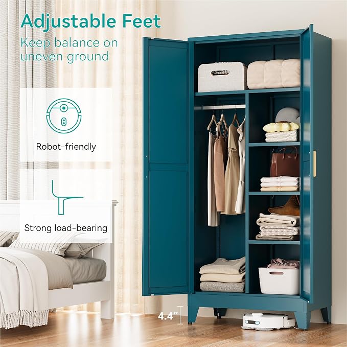 71" Tall Metal Armoire Wardrobe Closet with Hanging Rod and 3 Adjustable Shelves,Blue Storage Cabinet,Steel Wardrobe for Bedroom Garage Laundry Room Office Apartment Amployees,6 Tier,1 Pack