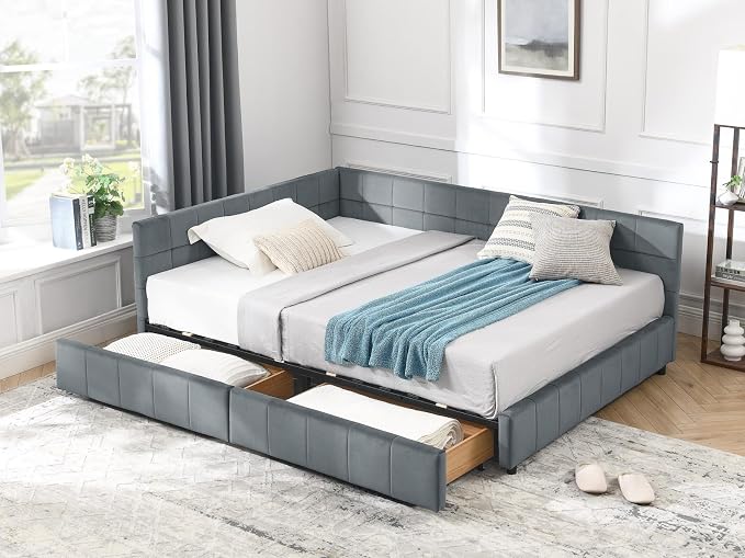 KEIKI Full Size L Shape Corner Bed Frames with 2 Storage Drawer, Backrest and Armrests, Velvet Upholstered Sofa Daybed for Small Room, Living Room, Bedroom, Guest Room, Kids' Room