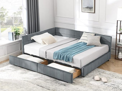 KEIKI Full Size L Shape Corner Bed Frames with 2 Storage Drawer, Backrest and Armrests, Velvet Upholstered Sofa Daybed for Small Room, Living Room, Bedroom, Guest Room, Kids' Room