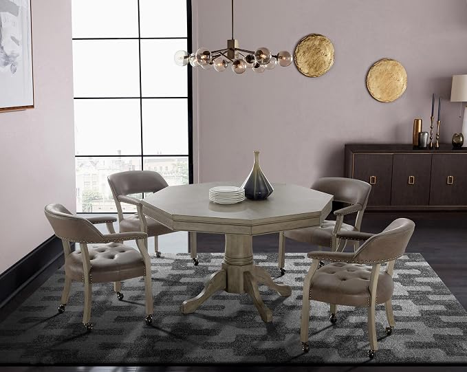LEEMTORIG Set of 8 Dining Chairs with Casters and Arms, Rolling Dining Chairs with Wheels for Elderly, Ergonomic Wide Seat Wooden Office Desk Chairs, 26"D x 25.2"W, Grey Legs & Dark Brown SY-1318-DK