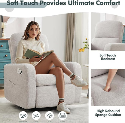 Swivel Rocker Recliner, Oversized Teddy Manual Nursery Glider Rocking Recliner with Removable Cushion, Upholstered Boucle Swivel Reclining Chair for Nursery Living Room Bedroom, Grey