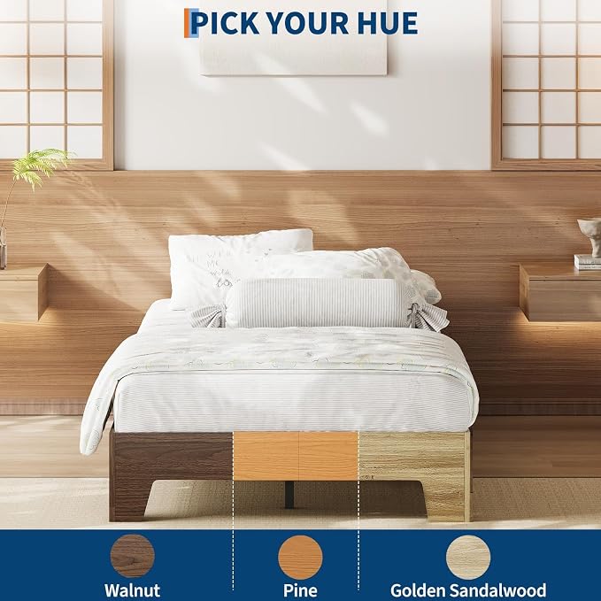 IDEALHOUSE Twin XL Size Platform Bed Frame,Boho Wood Bed with Noise-Free Slats,No Box Spring Needed,Nature Bedroom Furniture,Sturdy Wooden Bed Foundation,Easy Assembly