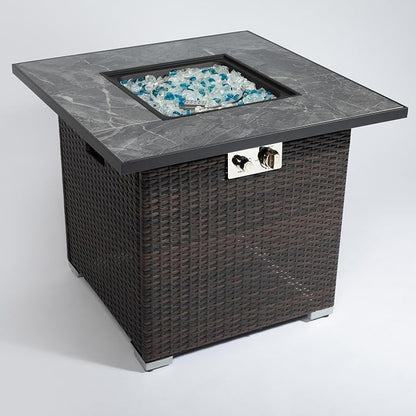 GDFStudio 30" Propane Gas Fire Pit Table, 50,000 BTU Square Outdoor Gas Firepit with Ceramic Tile Top, Wicker Base, Lid & Rain Cover for Patio Deck Backyard Garden, Brown